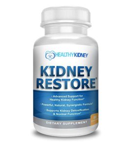 The colorful picture of a bottle of kidney restore, by kidney health.