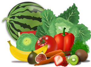 The picture of many types of fruits and vegetables, including watermelon, bananas, and peppers.