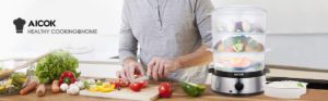 The picture of a chef working on his kitchen counter with his AICOK food steamer.