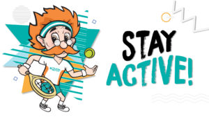 What is stress and stress managemant. The colorful illustration of a person preparing to play tennis, with a statment of stay active.