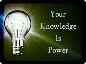 The colorful illustration of a lightbulb glowing on the statement of your knowledge is power.