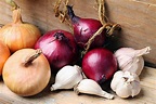 The picture of onions and garlic laid out on a counter, regarding best diet plans.