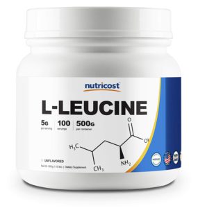 The colorful bottle of L-Leucine supplements.