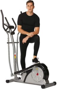 The great illustration of a young man standing on his Emdaot Elliptical Machine Trainer.