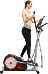 The colrful illustration of a woman exercising on her Ancheer Elliptical Machine Trainer.