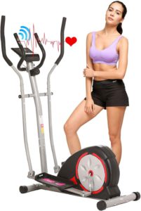 The picture of a woman standing near her Ancheer elliptical trainer depicting a heart.