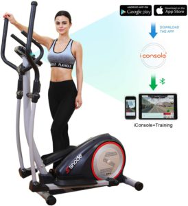 The colorful illustration of a woman standing on her, SNODE-E20i magnetic elliptical machine