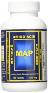 Best Amino Acid Supplements Review. The picture of a bottle of MAP, amino acid tablets.